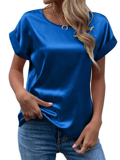 Female's Summer Simple Solid Color Round Neck Short Sleeve Satin Shirts