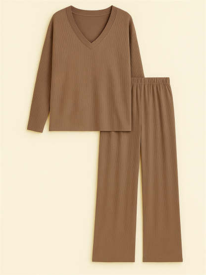 Loose Solid Color Autumn V Neck Drop Shoulder Long Sleeve Outfit for Women