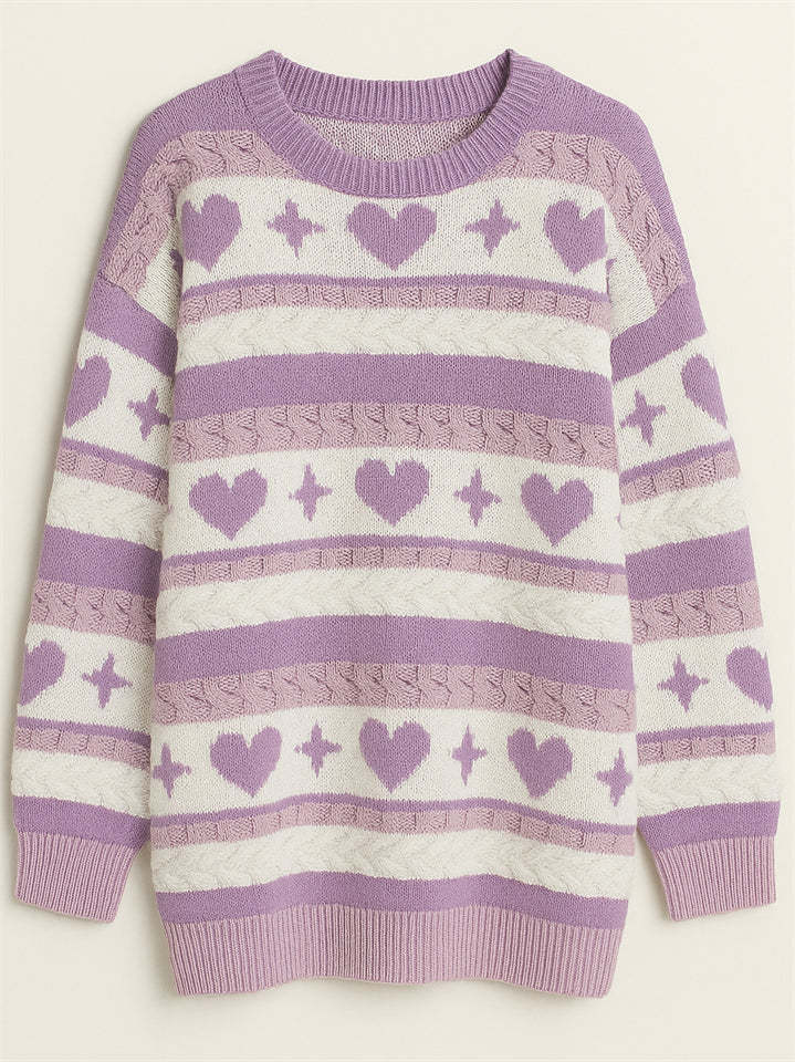 Cute Heart Shape Pattern Striped Pullover Long Sleeve Sweaters for Women