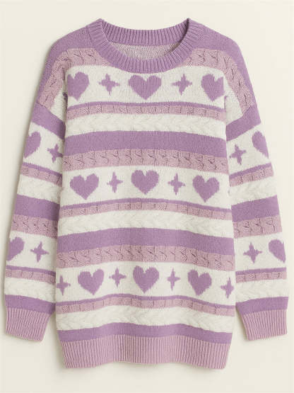 Cute Heart Shape Pattern Striped Pullover Long Sleeve Sweaters for Women