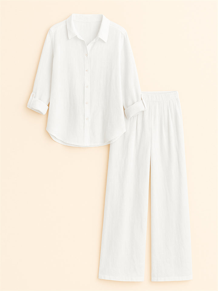 Casual Holiday Style Lapel Solid Color Long Sleeve Shirt & Pant Set