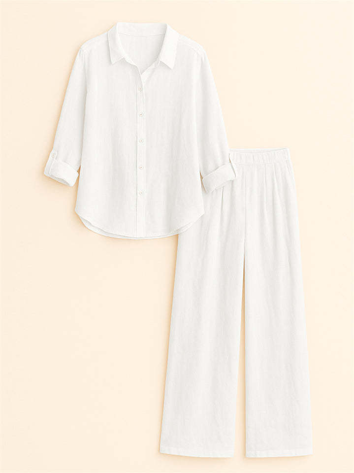 Casual Holiday Style Lapel Solid Color Long Sleeve Shirt & Pant Set