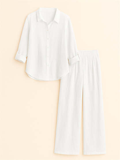 Casual Holiday Style Lapel Solid Color Long Sleeve Shirt & Pant Set