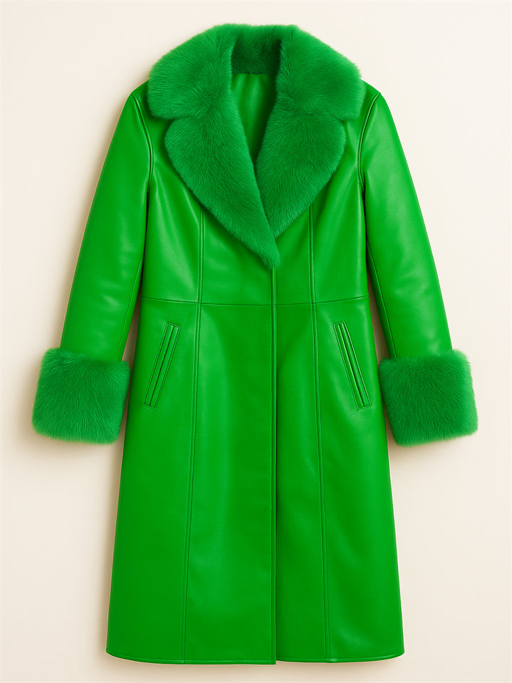 Women's Vintage Faux Fur Collar Glossy PU Leather Mid-Length Coats