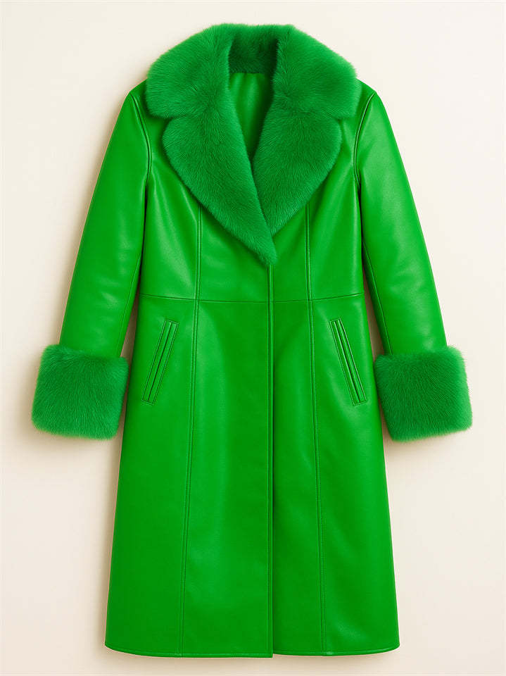 Women's Vintage Faux Fur Collar Glossy PU Leather Mid-Length Coats