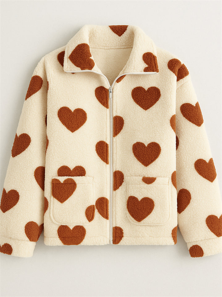 Autumn Cute Heart Shape Pattern Zip Up Fleece Coats for Women