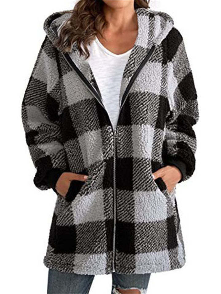 Women's Autumn Classic Plaid Zip Up Pockets Hooded Jackets