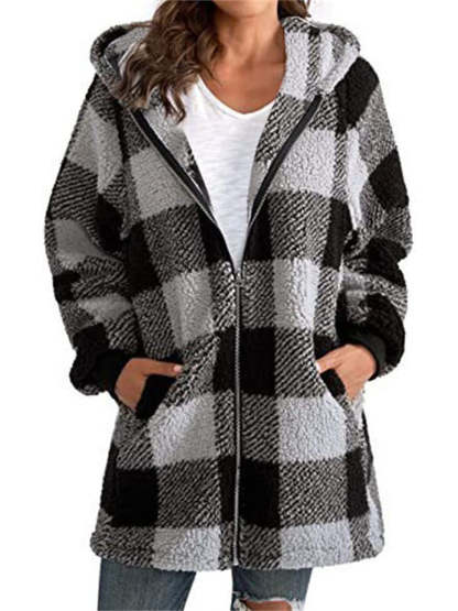 Women's Autumn Classic Plaid Zip Up Pockets Hooded Jackets
