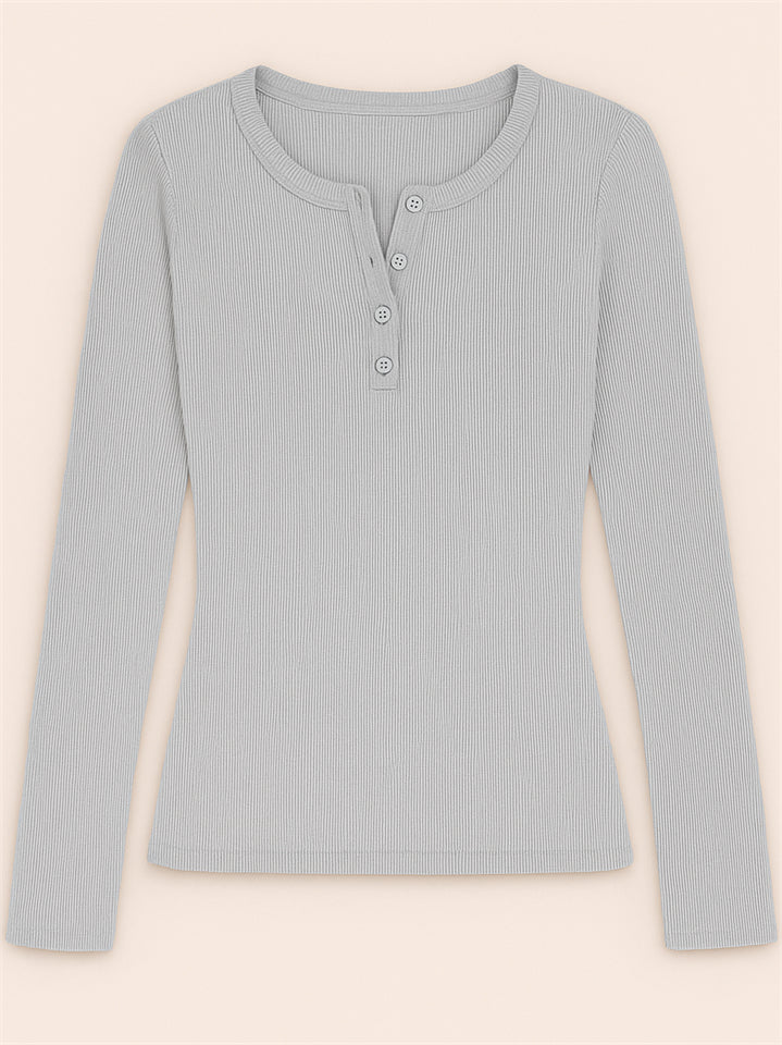 Solid Color Striped Buttons Pullover Slim-fit Long Sleeve Shirts for Women