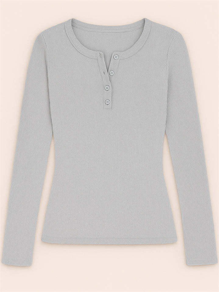 Solid Color Striped Buttons Pullover Slim-fit Long Sleeve Shirts for Women