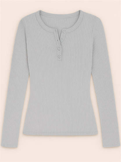 Solid Color Striped Buttons Pullover Slim-fit Long Sleeve Shirts for Women