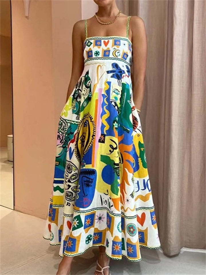 Women's Vacation Style Vogue Painting Pattern Strappy Dress