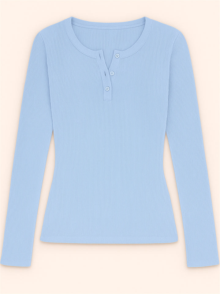 Solid Color Striped Buttons Pullover Slim-fit Long Sleeve Shirts for Women