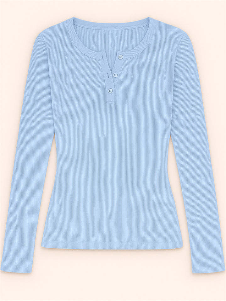 Solid Color Striped Buttons Pullover Slim-fit Long Sleeve Shirts for Women