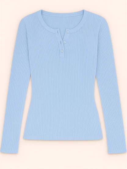 Solid Color Striped Buttons Pullover Slim-fit Long Sleeve Shirts for Women