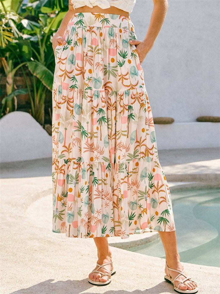 Simple Holiday Style Print Pockets A-Line Beach Skirts for Women