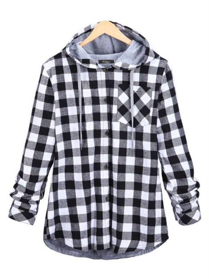 Women's Contrasting Plaid Long Sleeve Button Up Hooded Shirts