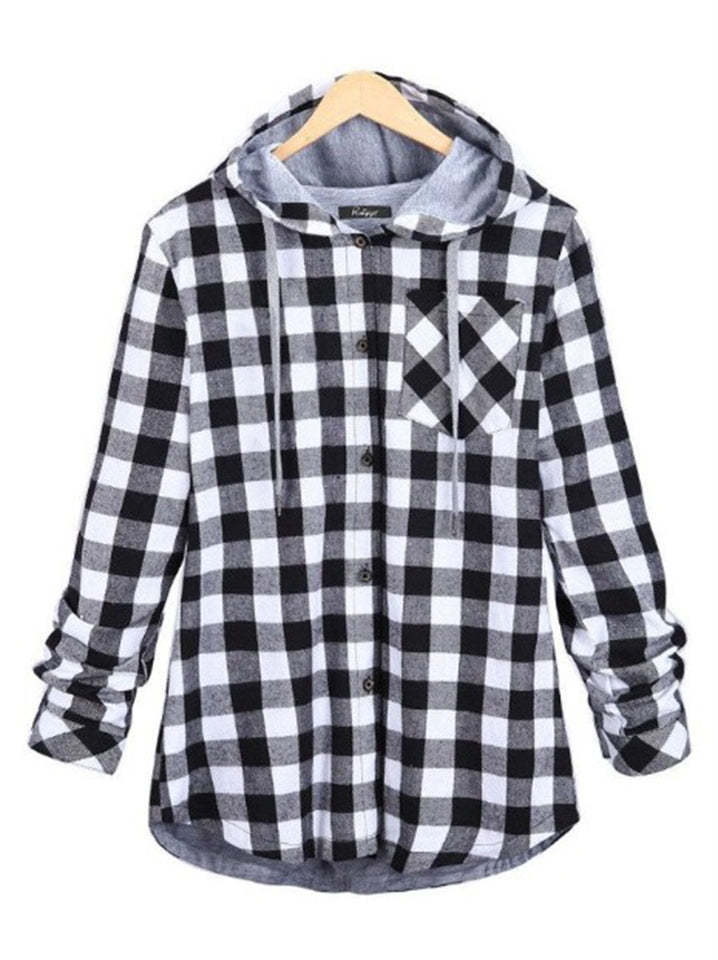 Women's Contrasting Plaid Long Sleeve Button Up Hooded Shirts