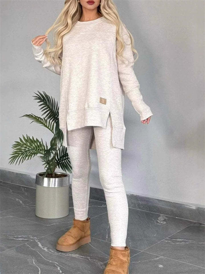 Women's Casual Round Neck Solid Color Asymmetric Hem Sweatshirts & Sweatpants Outfit