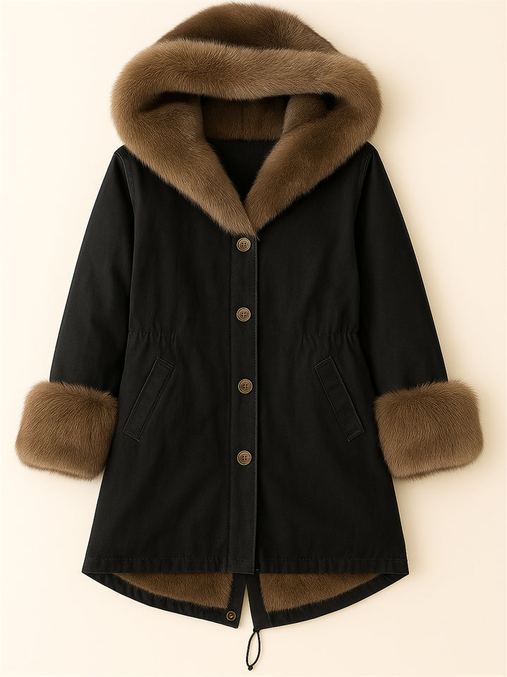 Women's Thicken Button Up Mid-Length Faux Fur Trim Hooded Coat