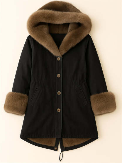 Women's Thicken Button Up Mid-Length Faux Fur Trim Hooded Coat