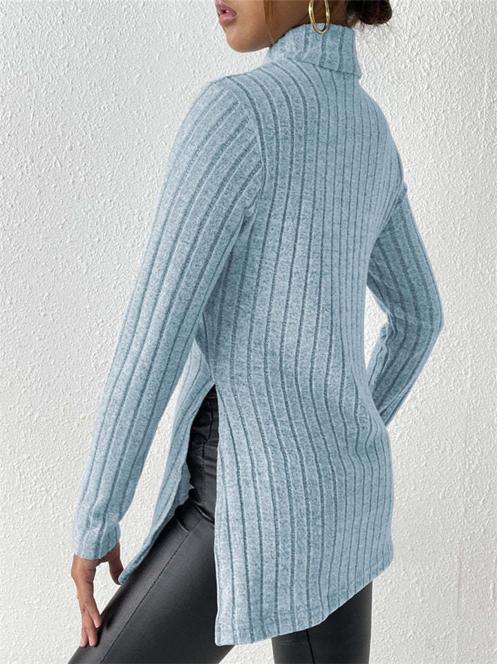 Ladies' Fitted High Neck Solid Color Pit Stripe Split Long-sleeved Sweaters
