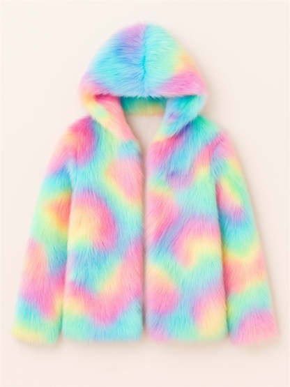 Women's Hooded Colourful Faux Fur Cardigan Coats