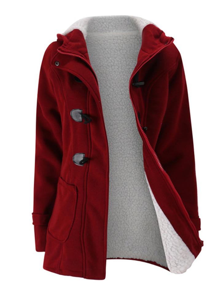Women's Retro Fleeced Solid Color Horn Buckle Hooded Jackets