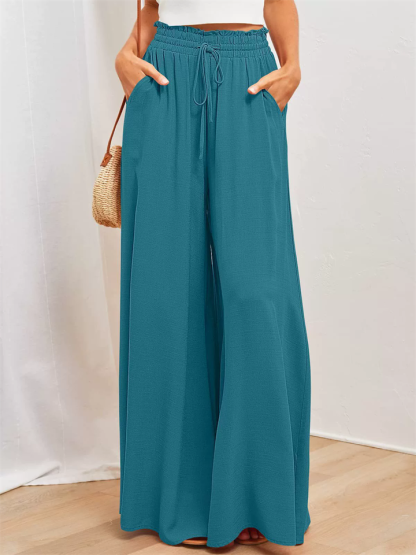 Women's High Waist Solid Color Drawstring Wide Leg Flared Pants