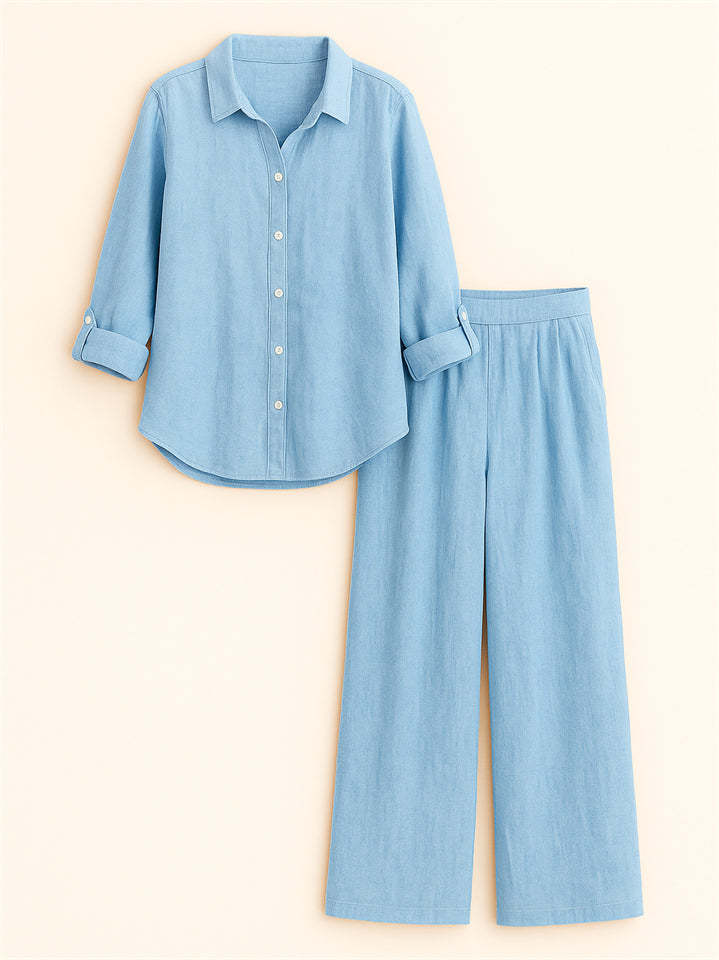 Casual Holiday Style Lapel Solid Color Long Sleeve Shirt & Pant Set