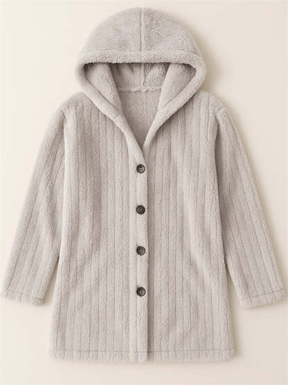 Casual Winter Solid Color Pit Stripe Hooded Fleece Coats