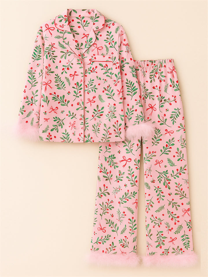 Women's Cute Printed Lapel Satin Pajama Set with Faux Fur Decoration