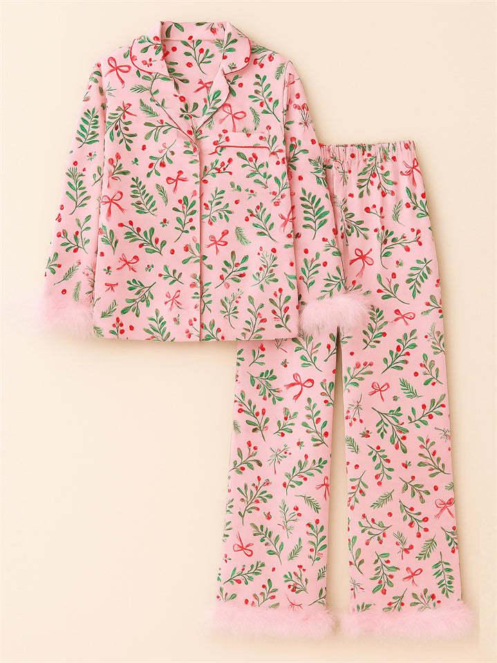 Women's Cute Printed Lapel Satin Pajama Set with Faux Fur Decoration