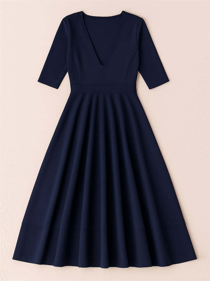 Ladies' Elegant Deep-V Neck Solid Color Half Sleeve Midi Dress