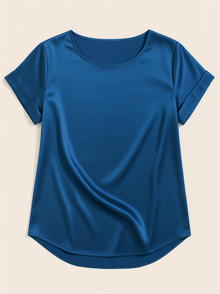 Female's Summer Simple Solid Color Round Neck Short Sleeve Satin Shirts