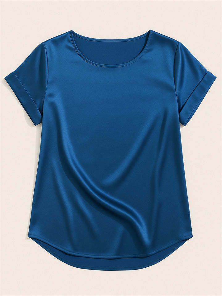 Female's Summer Simple Solid Color Round Neck Short Sleeve Satin Shirts