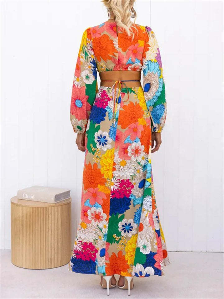 Ladies' Floral Graffiti Printed Long Sleeve Maxi Dress
