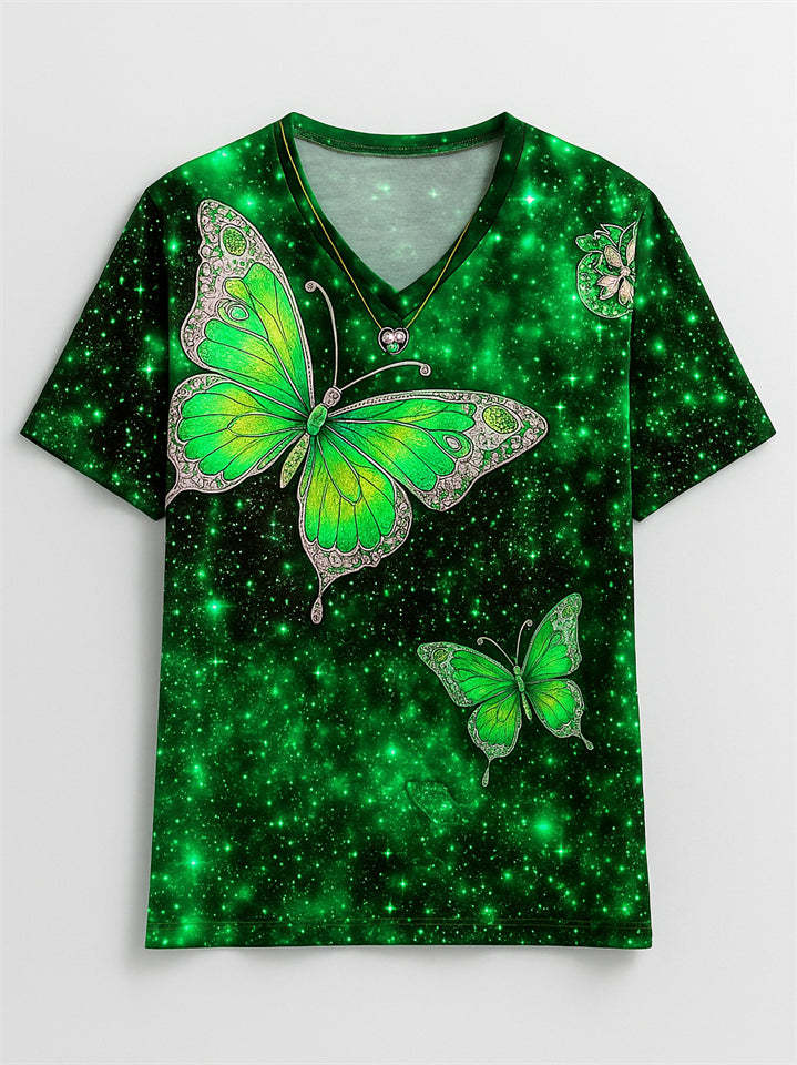 Women's Casual Short-Sleeved V Neck Butterfly Print T-Shirt