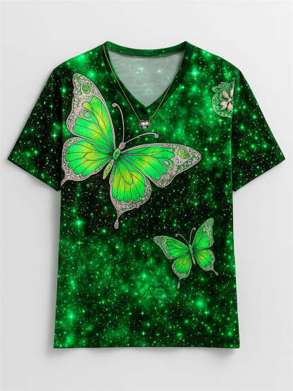 Women's Casual Short-Sleeved V Neck Butterfly Print T-Shirt
