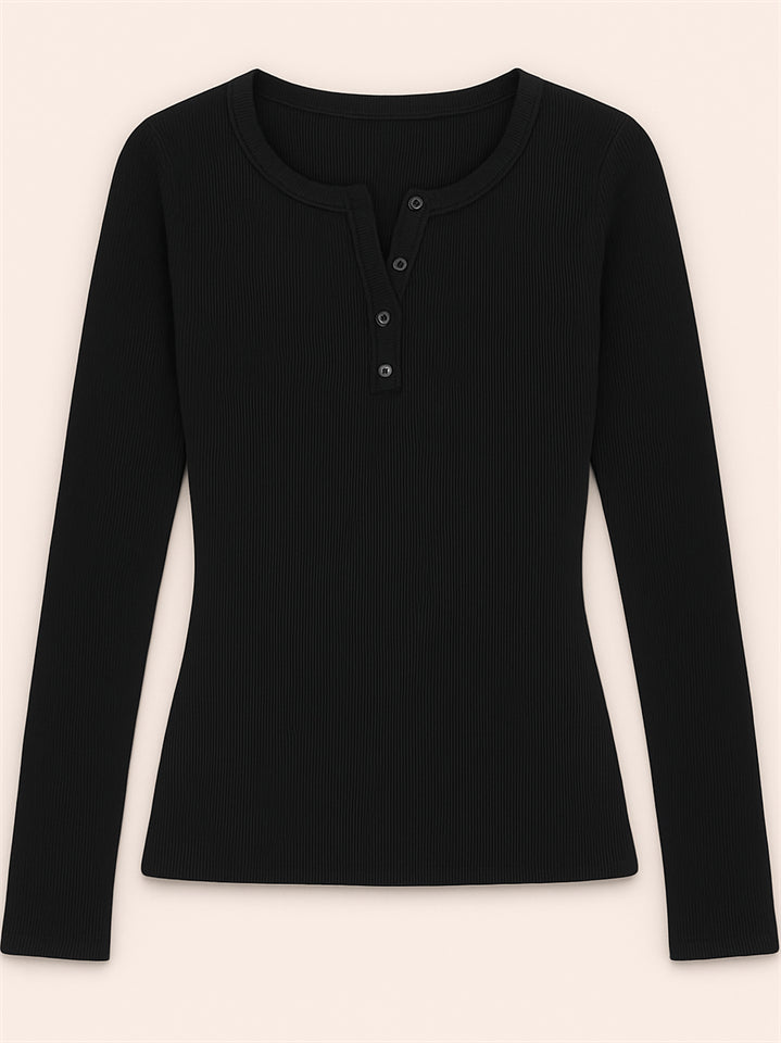 Solid Color Striped Buttons Pullover Slim-fit Long Sleeve Shirts for Women