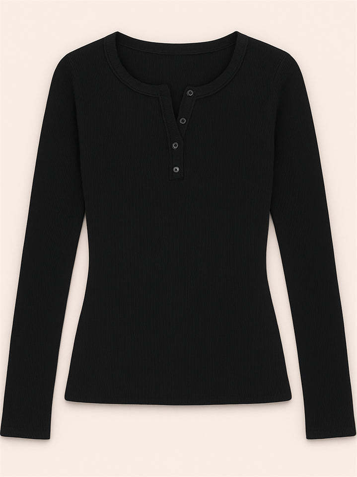 Solid Color Striped Buttons Pullover Slim-fit Long Sleeve Shirts for Women