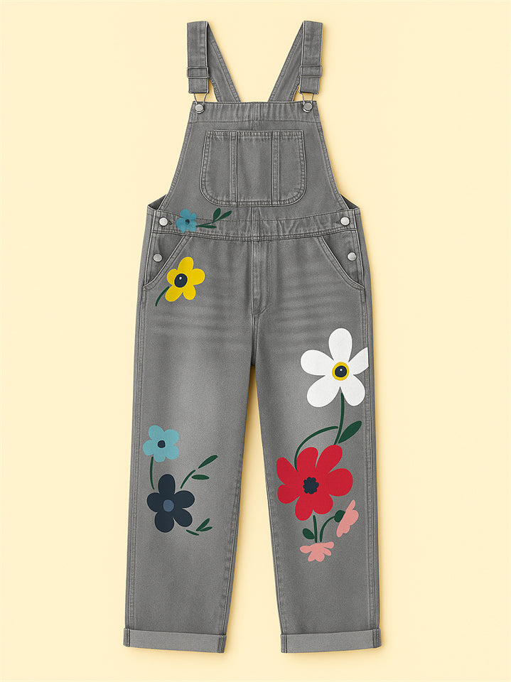 Women's Floral Print Denim Pockets Cargo Overall Jumpsuit