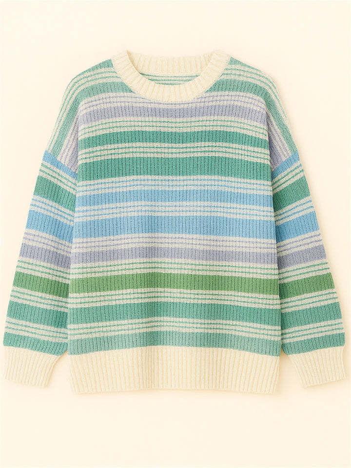 Women's Autumn Rainbow Color Striped Round Neck Sweaters