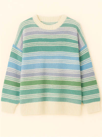 Women's Autumn Rainbow Color Striped Round Neck Sweaters