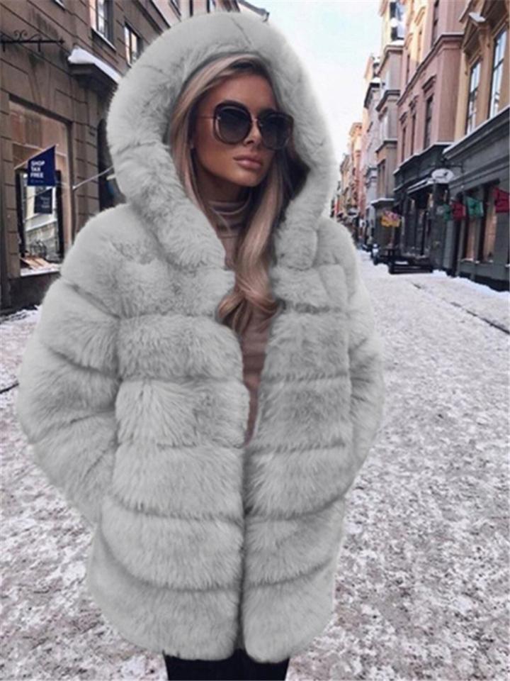 Women's Winter Comfortable Faux Fur Zip Up Hooded Midi Length Coats
