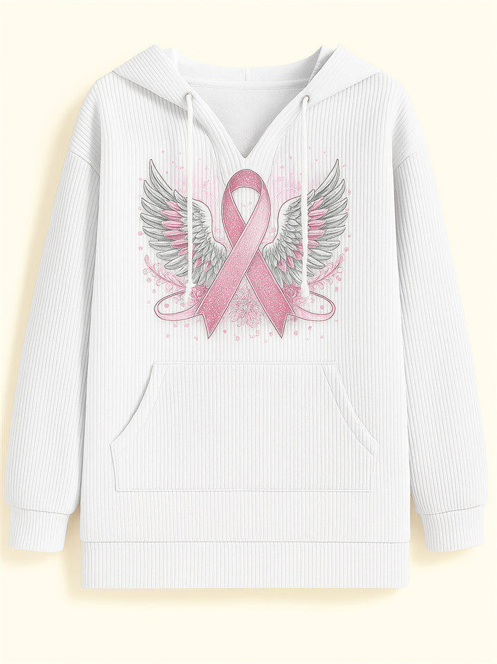Female's Wings& Ribbon Print Long-sleeved Kangaroo Pocket Hoodies