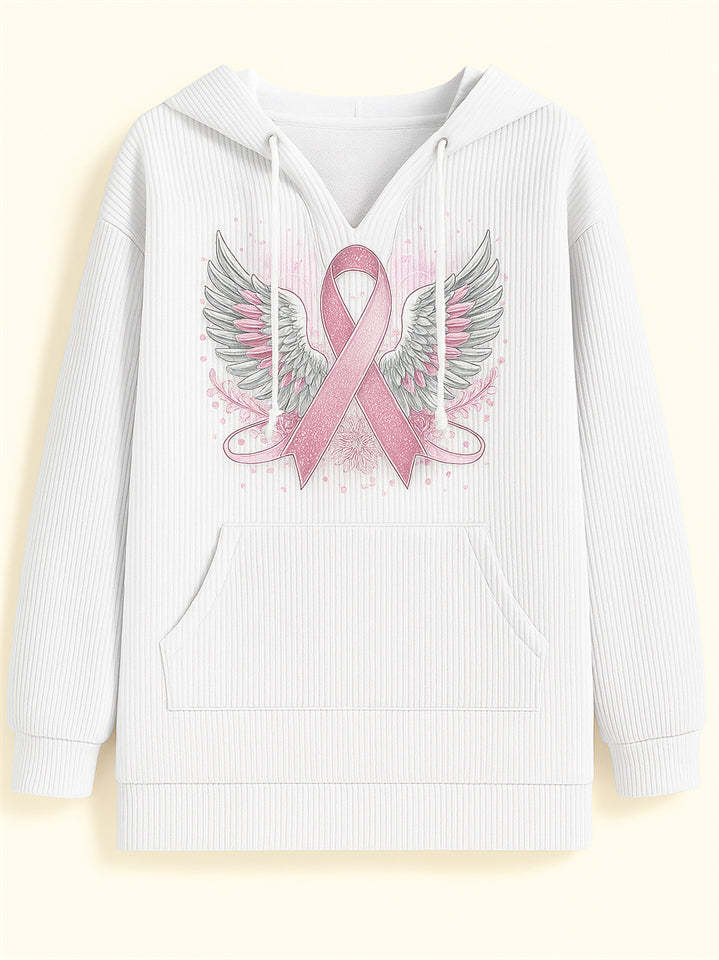 Female's Wings& Ribbon Print Long-sleeved Kangaroo Pocket Hoodies