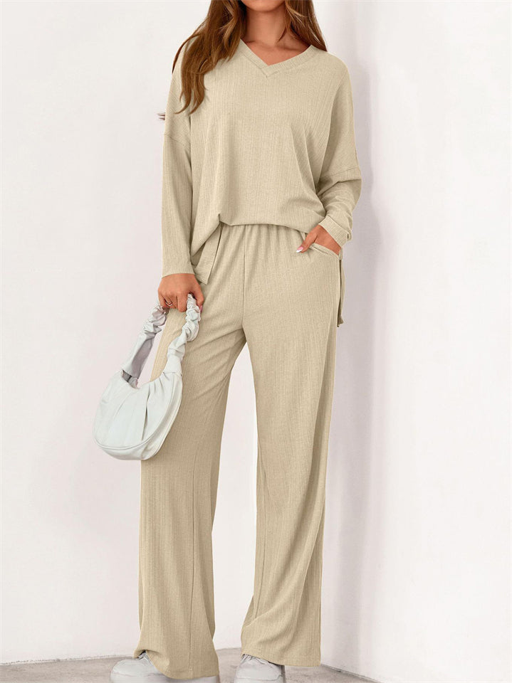 Loose Solid Color Autumn V Neck Drop Shoulder Long Sleeve Outfit for Women