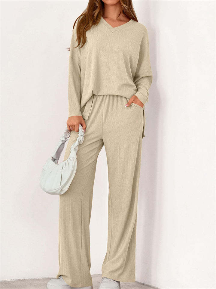 Loose Solid Color Autumn V Neck Drop Shoulder Long Sleeve Outfit for Women