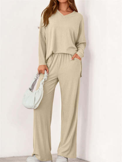 Loose Solid Color Autumn V Neck Drop Shoulder Long Sleeve Outfit for Women